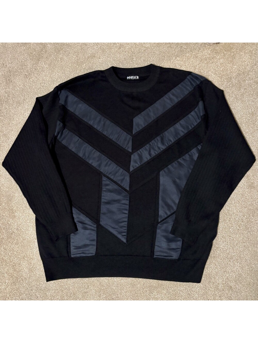 VTG Inserch Mens 4XL Knit Sweater Pullover Black Gray Faux Suede Accent Italy